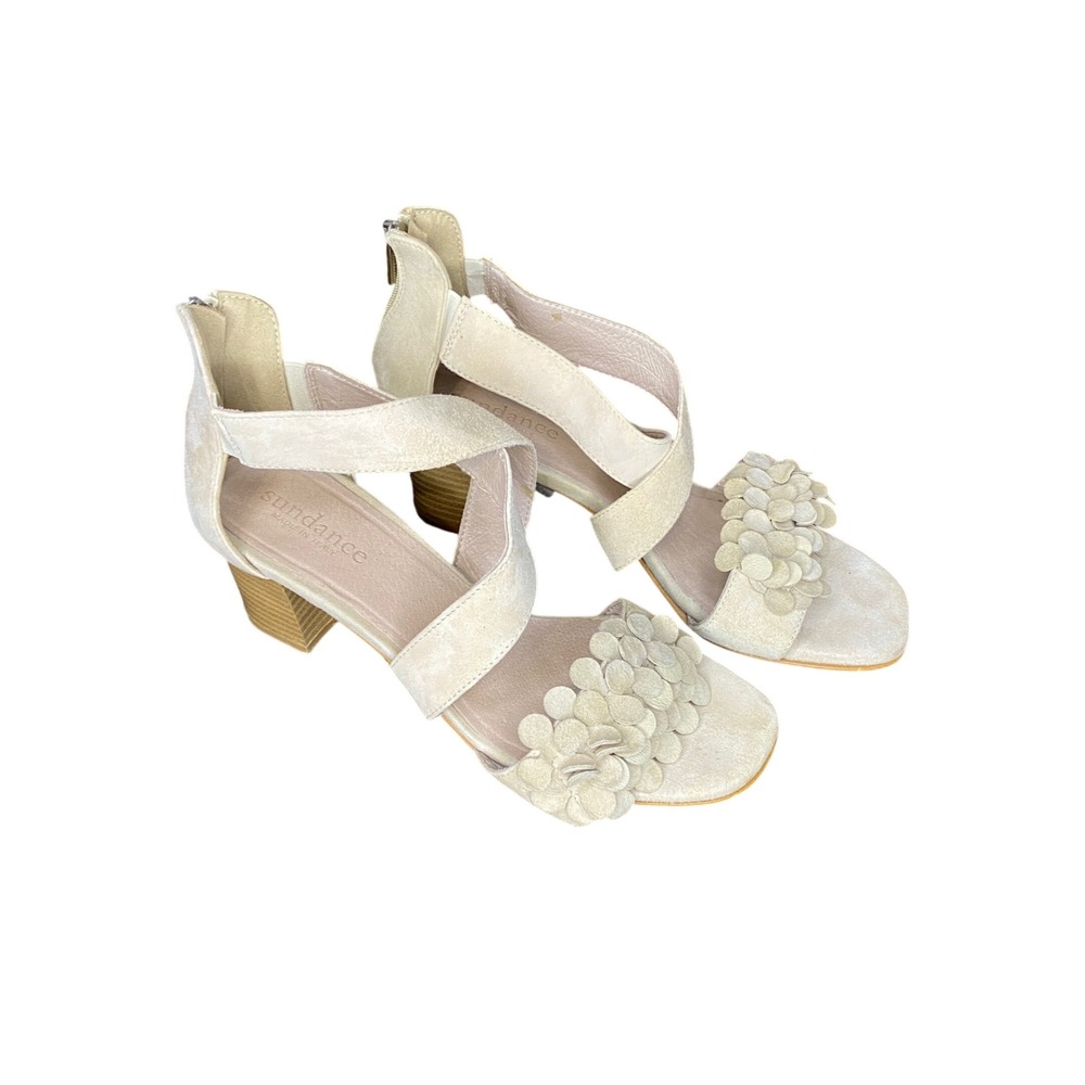 Sundance Cream Suede Leather Floral Applique Block Heel Sandals Italy 38